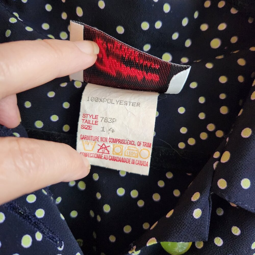 Vintage Navy Polka Dot Midi Dress Made in Canada - Sz 14 - Picture 9 of 11